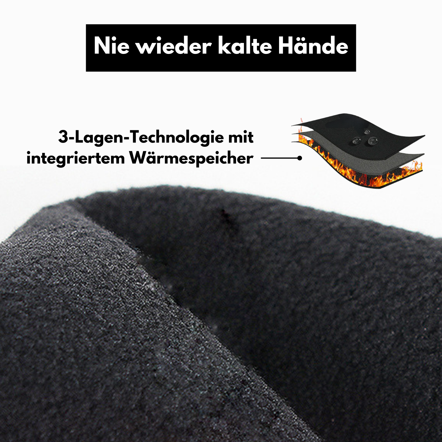 Nahaufnahme von Tieberg - Thermo Handschuhe gegen kalte Hände zeigt schwarzes fleeceähnliches Material mit 3-lagiger Wärmespeicher-Grafik. Deutscher Text: Nie wieder kalte Hände. Mit rutschfester Silikonbeschichtung für maximalen Komfort. Marke: Tieberg.