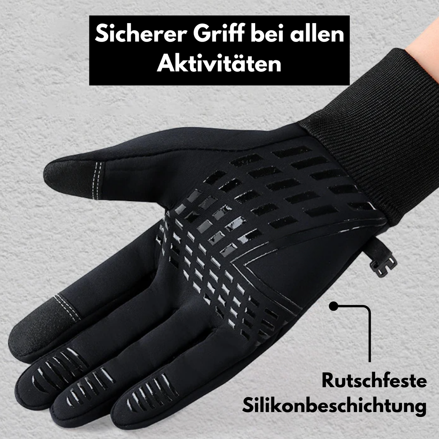 Die Tieberg - Thermo Handschuhe gegen kalte Hände in Schwarz, mit rutschfester Silikonbeschichtung an Handfläche und Fingern, bieten laut deutschem Text sicheren Halt bei allen Aktivitäten dank der griffigen Oberfläche.